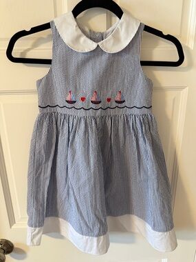 Good Lad girls Pinstripe Seersucker Nautical Dress sailboat embroidery Size 6
